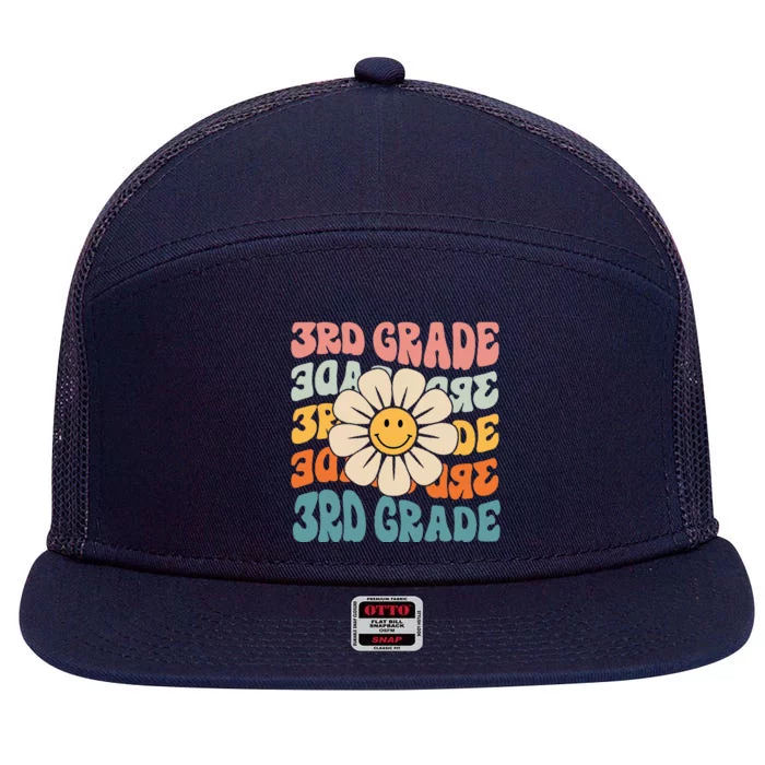 Retro 3rd Grade Daisy Colorful Back To School Third Grade 7 Panel Mesh Trucker Snapback Hat