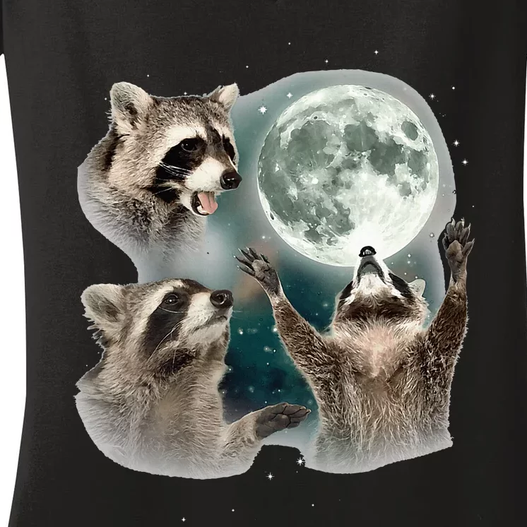 Raccoon 3 Racoons Howling At Moon Women's V-Neck T-Shirt