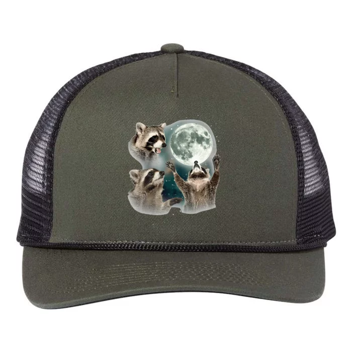 Raccoon 3 Racoons Howling At Moon Retro Rope Trucker Hat Cap