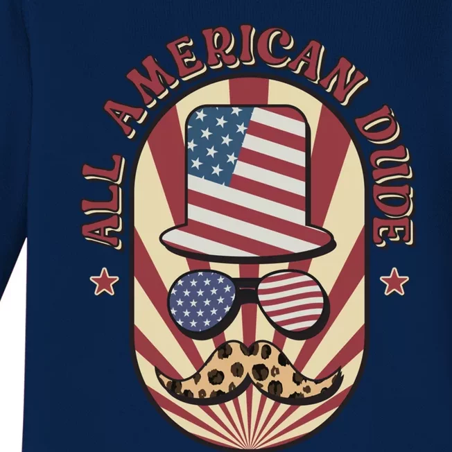 Retro 4th Of July Funny Gift Red White Blue Usa All American Dude Gift Baby Long Sleeve Bodysuit