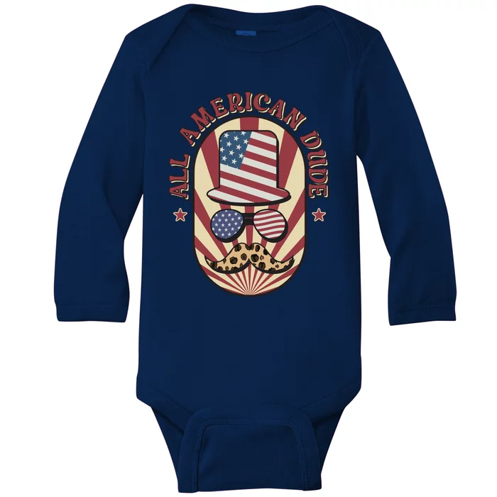 Retro 4th Of July Funny Gift Red White Blue Usa All American Dude Gift Baby Long Sleeve Bodysuit