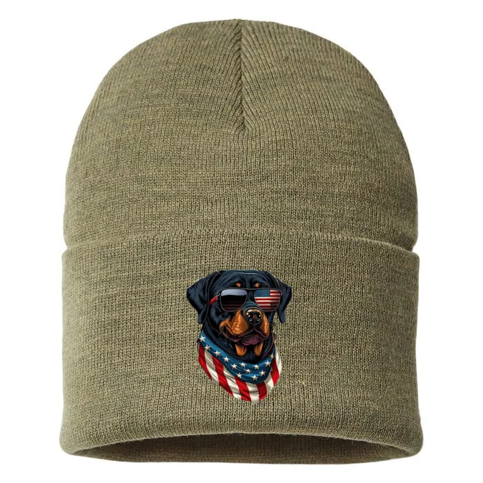 Rottweiler 4th Of July American Flag Glasses Stay Cool Sustainable Knit Beanie