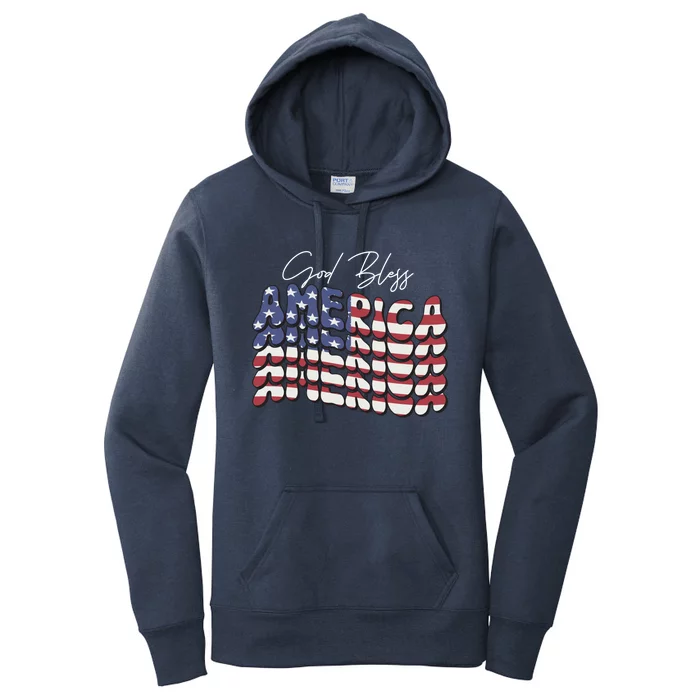 Retro 4th Of July Gift Wavy Font God Bless America Usa Flag Gift Women's Pullover Hoodie