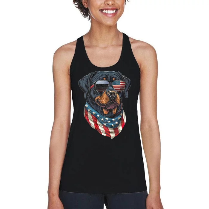 Rottweiler 4th Of July American Flag Glasses Stay Cool Women's Racerback Tank