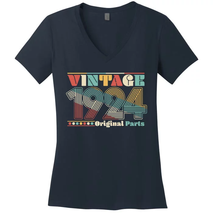 Retro 60s 70s Style Vintage 1924 Original Parts 100th Birthday Women's V-Neck T-Shirt