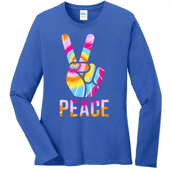 Retro 60’S 70’S Tie Dye Peace V Hand Sign Hippie Graphic Ladies Long Sleeve Shirt