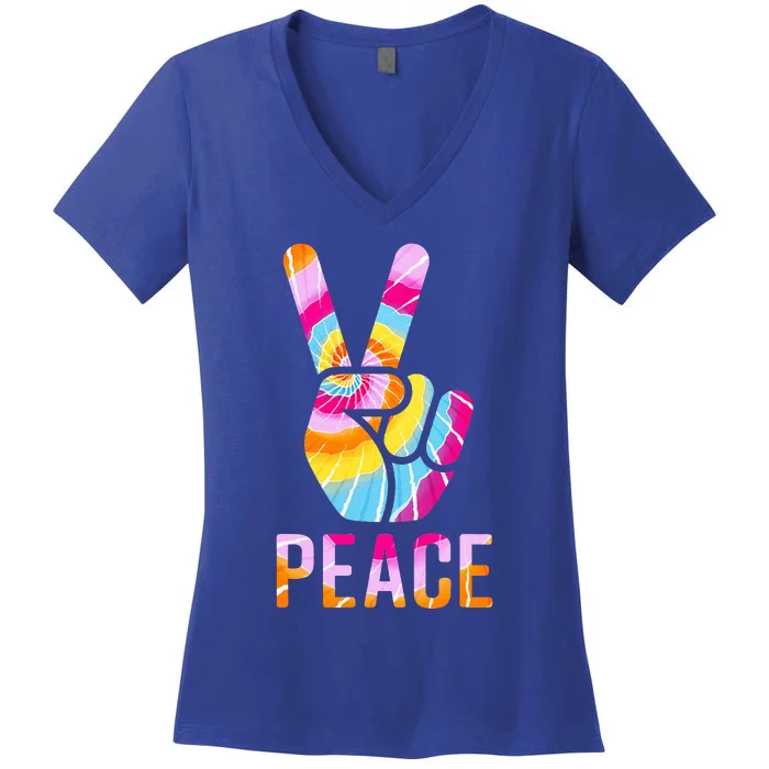 Retro 60’S 70’S Tie Dye Peace V Hand Sign Hippie Graphic Women's V-Neck T-Shirt