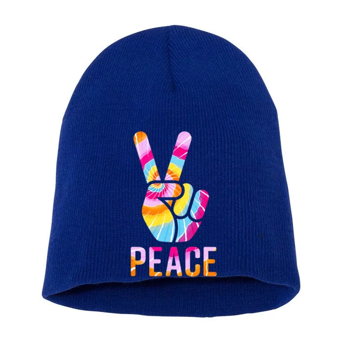 Retro 60’S 70’S Tie Dye Peace V Hand Sign Hippie Graphic Short Acrylic Beanie