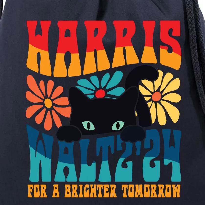 Retro 70s Cat Lady Harris Walz 2024 For A Brighter Tomorrow Drawstring Bag