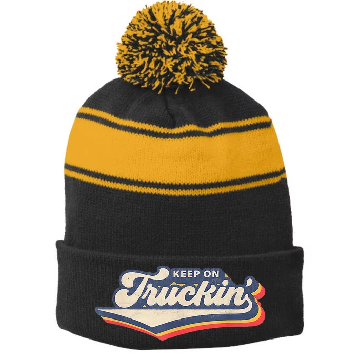 Retro 70s Vintage Keep on Truckin Retro sunset style font Stripe Pom Pom Beanie