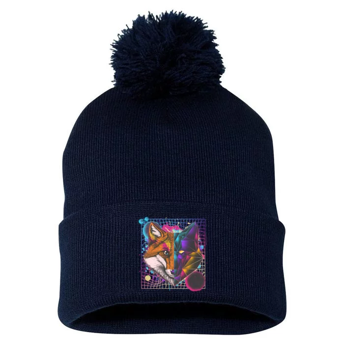 Retro 80's Digital Polygon Fox Pom Pom 12in Knit Beanie