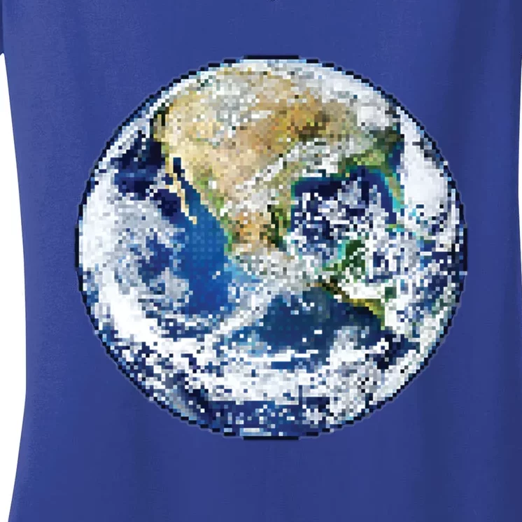 Retro 8bit Earth Planet Art Graphic Gift Women's V-Neck T-Shirt