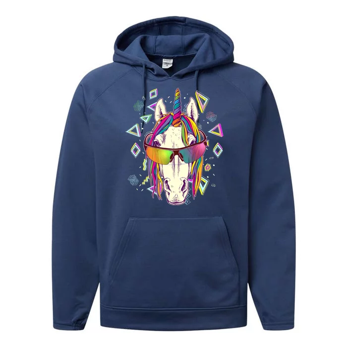 Retro 80's Eighties Rainbow Unicorn Performance Fleece Hoodie