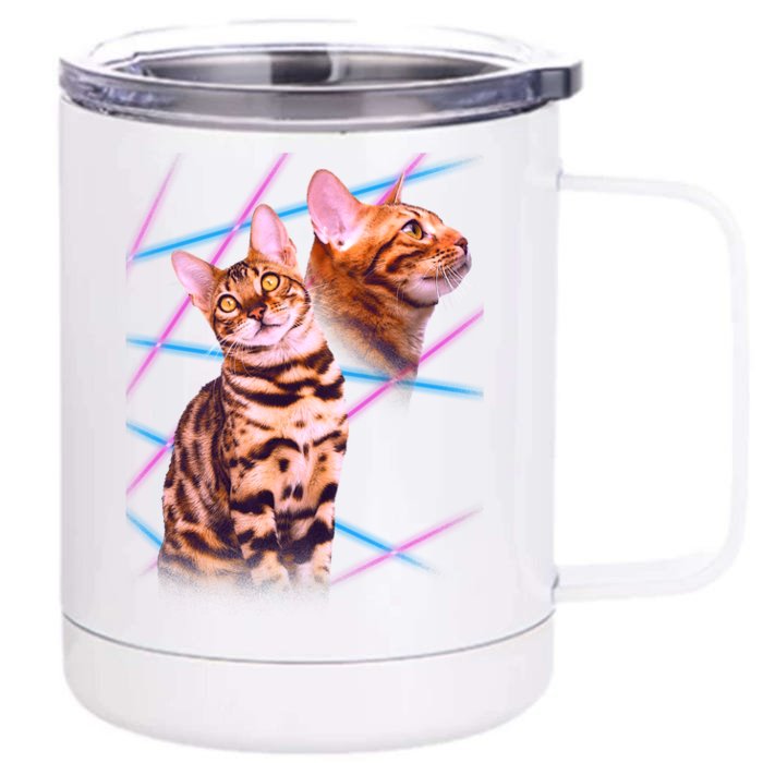 Retro 80s Eighties Lasers Double Exsposure Cat Front & Back 12oz Stainless Steel Tumbler Cup