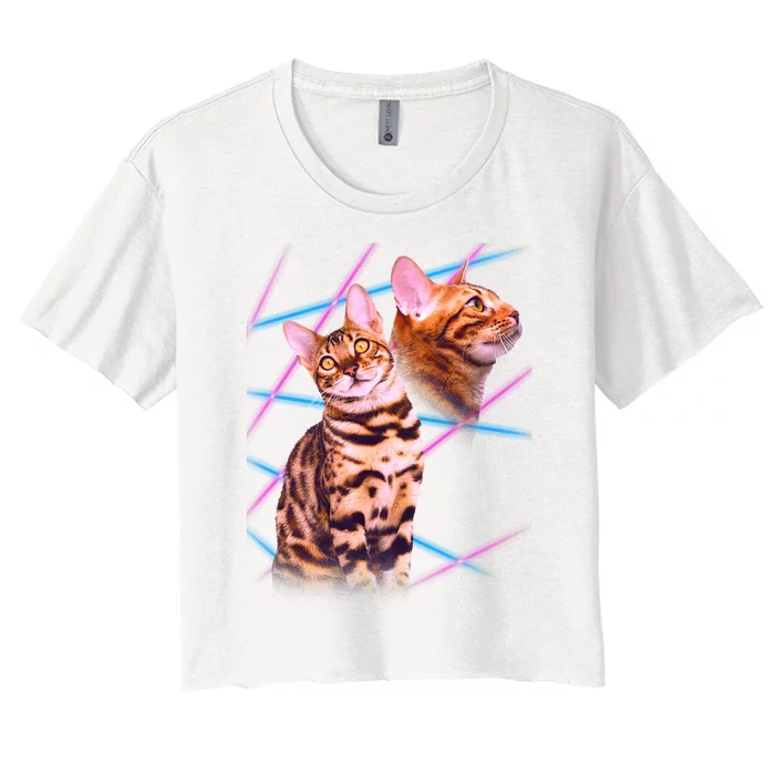 Retro 80s Eighties Lasers Double Exsposure Cat Women's Crop Top Tee