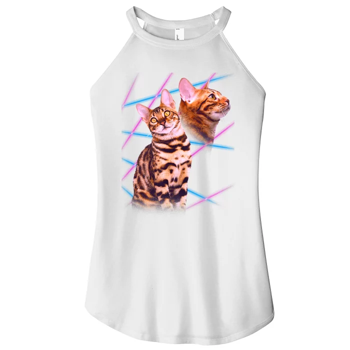 Retro 80s Eighties Lasers Double Exsposure Cat Women’s Perfect Tri Rocker Tank