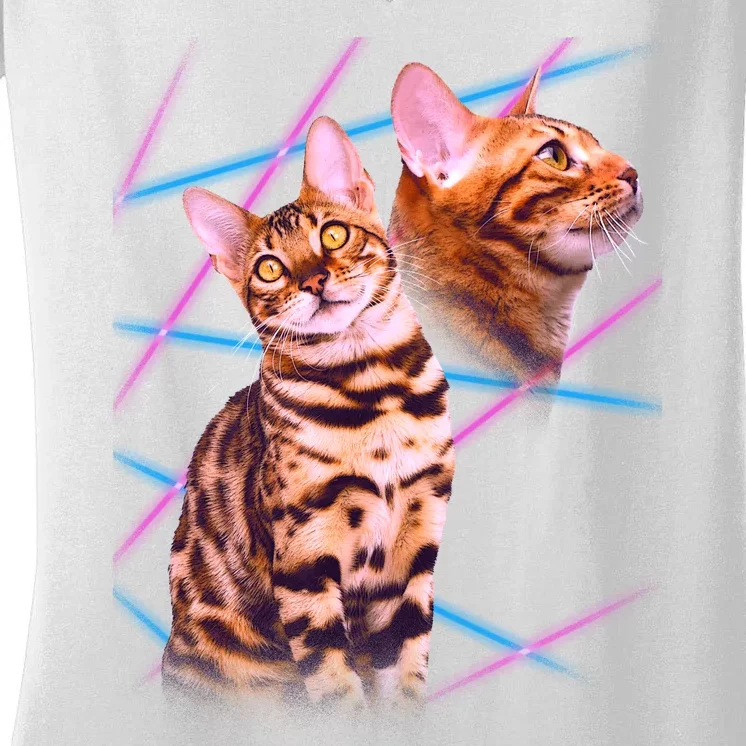 Retro 80s Eighties Lasers Double Exsposure Cat Women's V-Neck T-Shirt