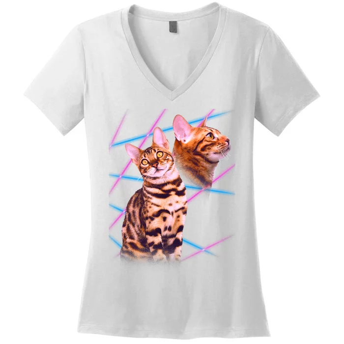 Retro 80s Eighties Lasers Double Exsposure Cat Women's V-Neck T-Shirt