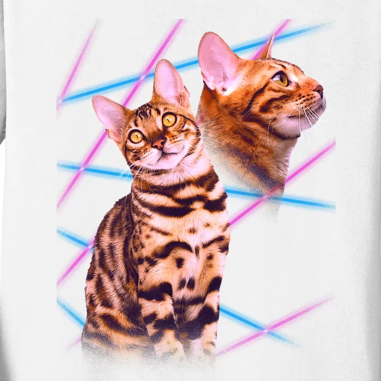 Retro 80s Eighties Lasers Double Exsposure Cat Kids Long Sleeve Shirt