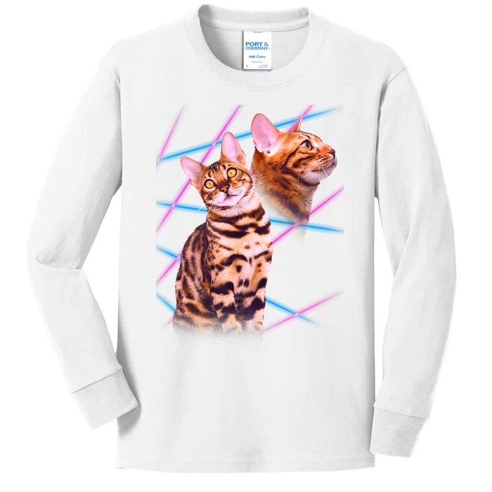 Retro 80s Eighties Lasers Double Exsposure Cat Kids Long Sleeve Shirt