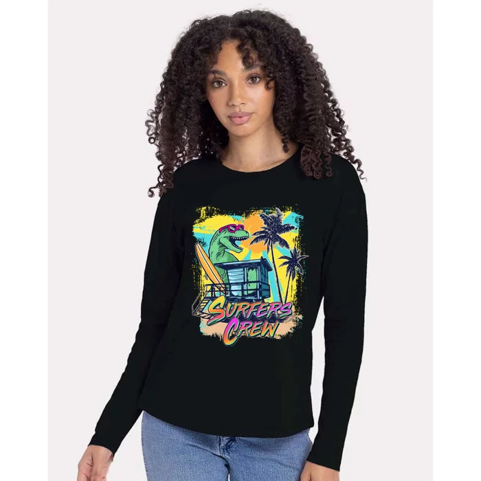 Retro 80s Eighties TRex Dinosaur Surfers Crew Womens Cotton Relaxed Long Sleeve T-Shirt