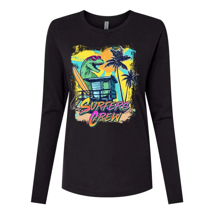 Retro 80s Eighties TRex Dinosaur Surfers Crew Womens Cotton Relaxed Long Sleeve T-Shirt