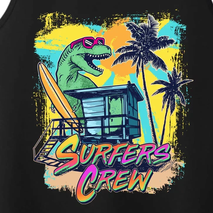 Retro 80s Eighties TRex Dinosaur Surfers Crew Performance Tank