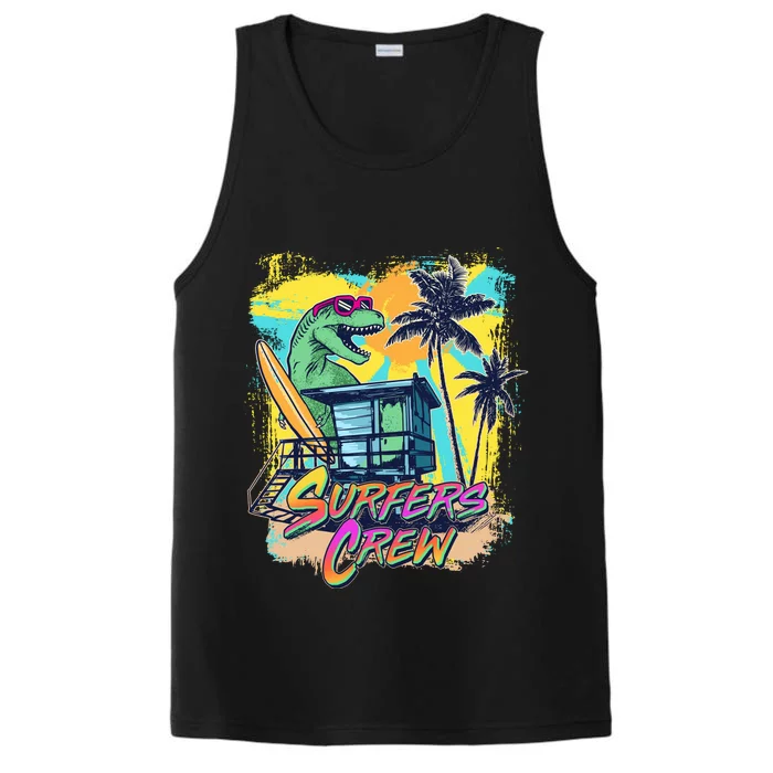 Retro 80s Eighties TRex Dinosaur Surfers Crew Performance Tank