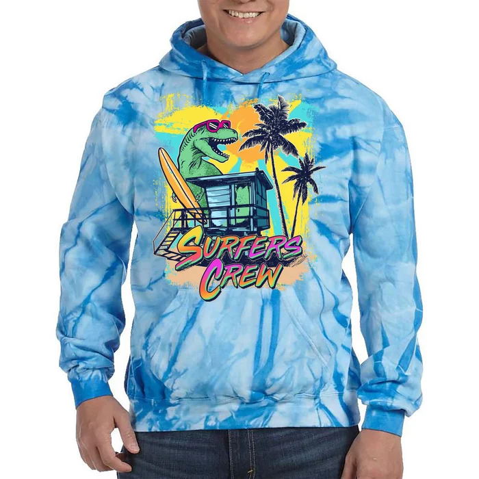 Retro 80s Eighties TRex Dinosaur Surfers Crew Tie Dye Hoodie