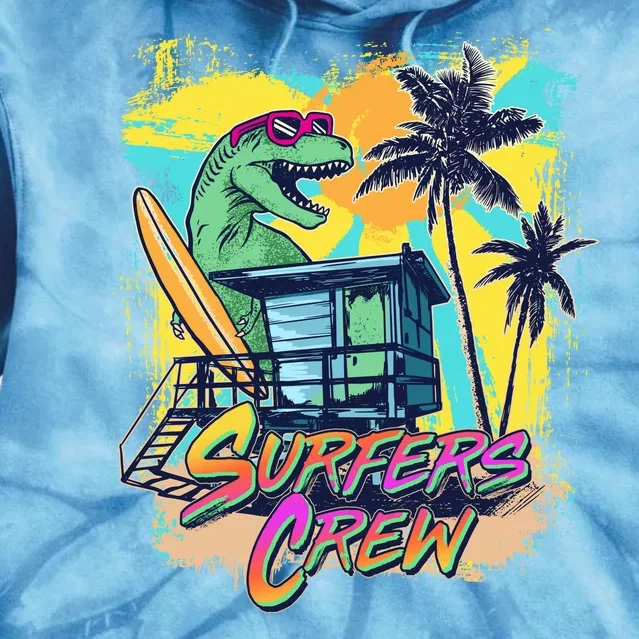 Retro 80s Eighties TRex Dinosaur Surfers Crew Tie Dye Hoodie