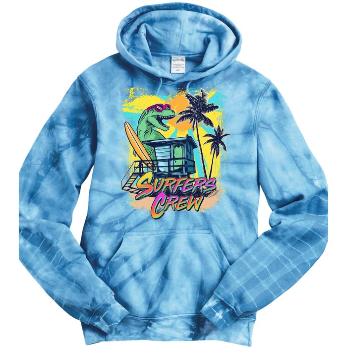 Retro 80s Eighties TRex Dinosaur Surfers Crew Tie Dye Hoodie