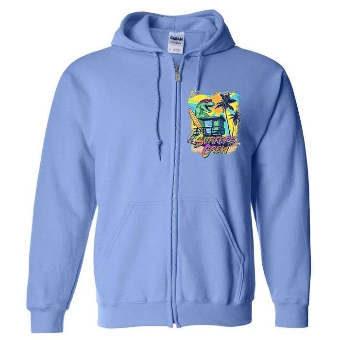 Retro 80s Eighties TRex Dinosaur Surfers Crew Full Zip Hoodie