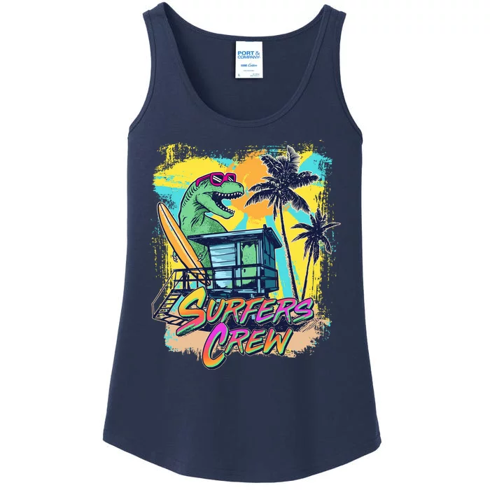 Retro 80s Eighties TRex Dinosaur Surfers Crew Ladies Essential Tank