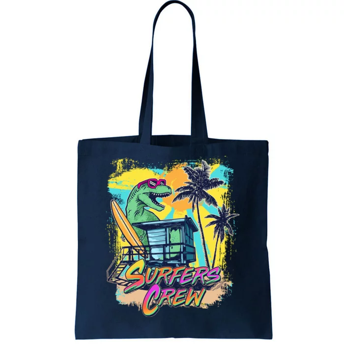 Retro 80s Eighties TRex Dinosaur Surfers Crew Tote Bag