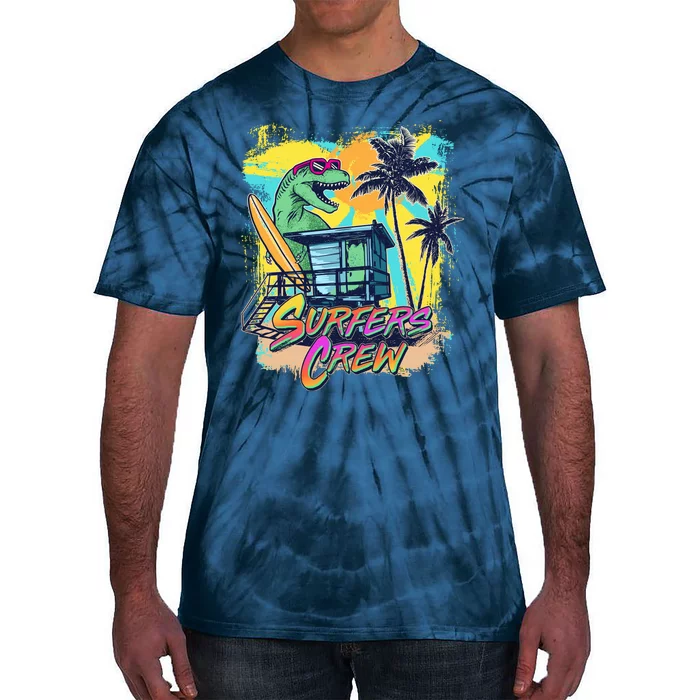 Retro 80s Eighties TRex Dinosaur Surfers Crew Tie-Dye T-Shirt