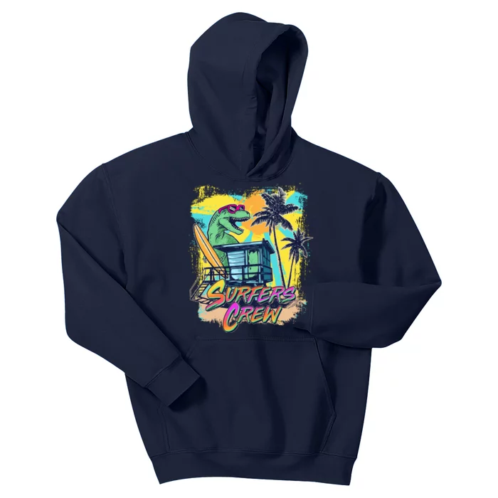 Retro 80s Eighties TRex Dinosaur Surfers Crew Kids Hoodie