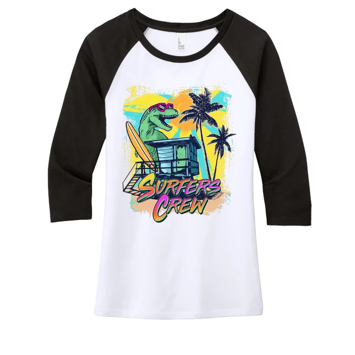 Retro 80s Eighties TRex Dinosaur Surfers Crew Women's Tri-Blend 3/4-Sleeve Raglan Shirt