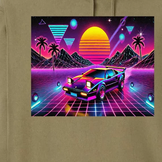 Retro 80s Futuristic Car Bright Vivid Sunset Scifi Artful Premium Hoodie