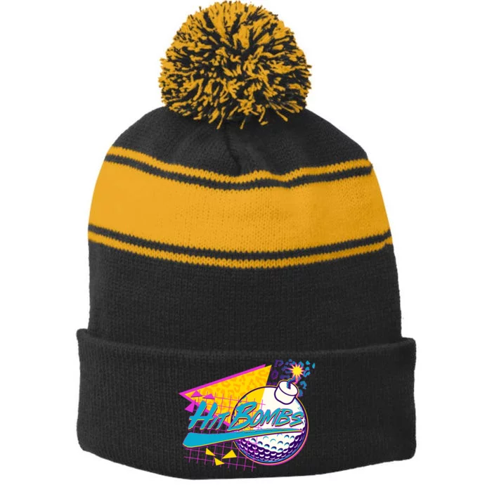 Retro 80's Hit Bombs Golfing Stripe Pom Pom Beanie