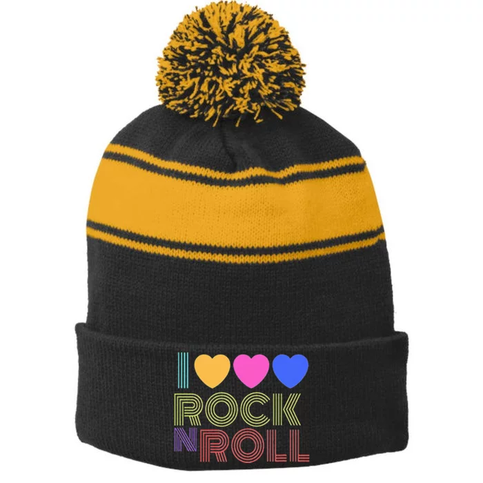 Retro 80s Hearts I Love Rock N Roll Music For Fans Young Stripe Pom Pom Beanie