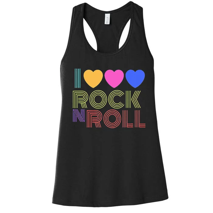 Retro 80s Hearts I Love Rock N Roll Music For Fans Women's Racerback Tank