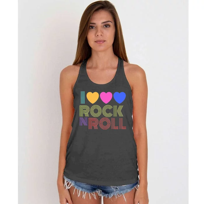 Retro 80s Hearts I Love Rock N Roll Music For Fans Women's Knotted Racerback Tank