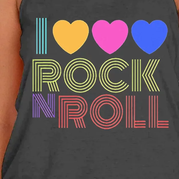 Retro 80s Hearts I Love Rock N Roll Music For Fans Women's Knotted Racerback Tank