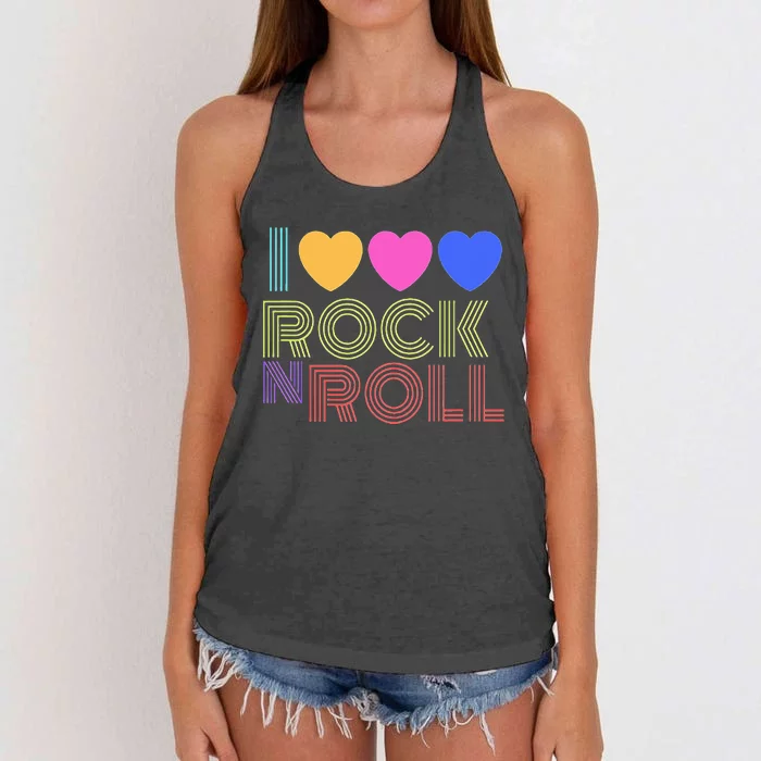 Retro 80s Hearts I Love Rock N Roll Music For Fans Women's Knotted Racerback Tank