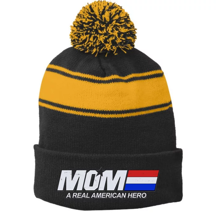 Retro 80's Mom A Real American Hero Stripe Pom Pom Beanie