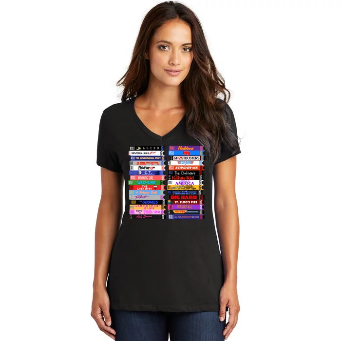 Retro 80s Movies Vhs Stacks Women's V-Neck T-Shirt