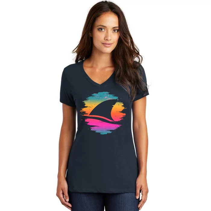 Retro 80's Neon Shark Fin Women's V-Neck T-Shirt