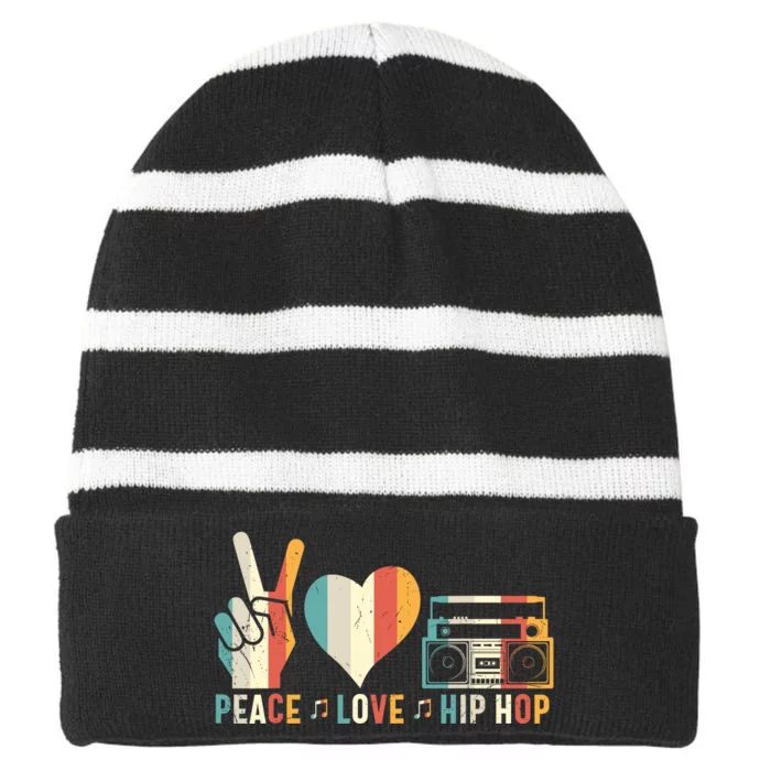 Retro 80S Old School Peace Love Hip Hop Graphic Striped Beanie with Solid Band