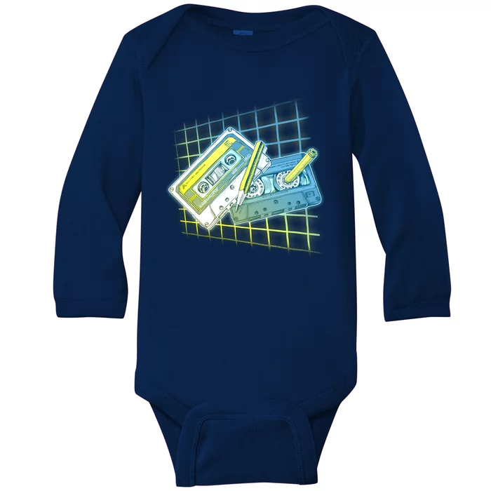 Retro 80's Rewind Cassette Tapes Broken Pencil Baby Long Sleeve Bodysuit