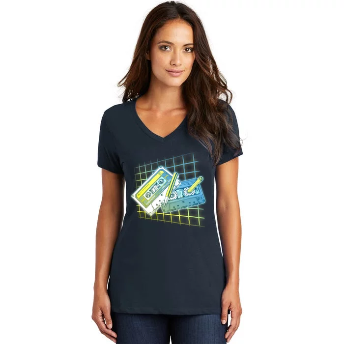 Retro 80's Rewind Cassette Tapes Broken Pencil Women's V-Neck T-Shirt